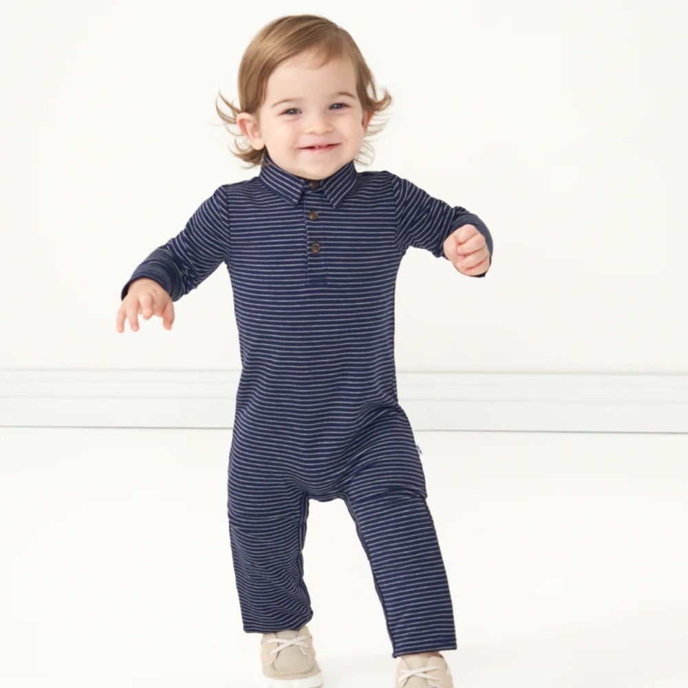 Little Sleepies PLAY | Classic Navy Stripe Long Sleeve Polo Romper 6-12 months